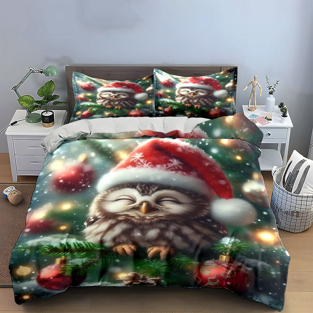 Christmas Owl with Santa Hat Bedding Duvet Cover Set (1*Duvet Cover 2*Pillowcases, without duvet insert)