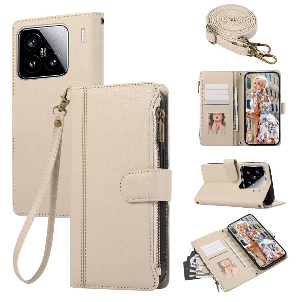 For Xiaomi 15 Case Multi Card Slots Zipper Leather Phone Cover with Shoulder Strap/Wrist Strap