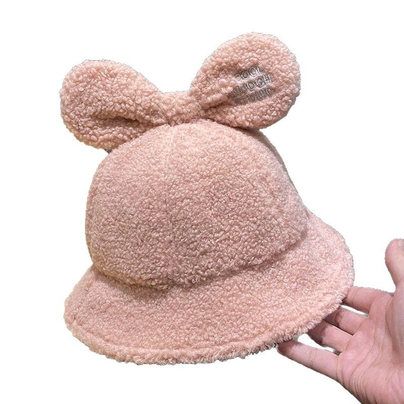 Autumn and winter cute lamb wool warm face small versatile basin hat bow ears fisherman hat children