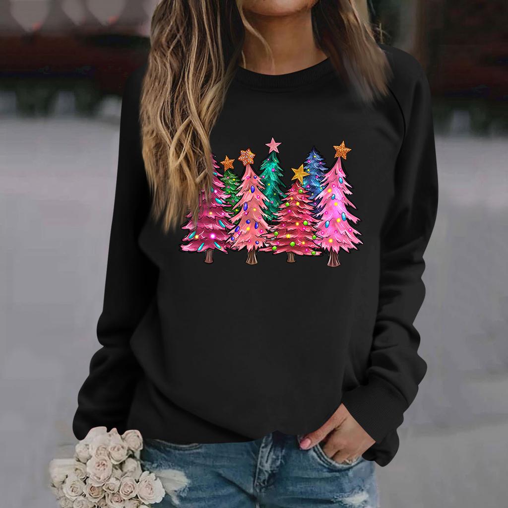 Женские футболки, свободные, модные и повседневные толстовки с круглым вырезом и длинными рукавами с рождественским принтом