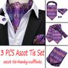 Purple Paisley Ascot Necktie Set Silk Wide Tie Handkerchief Cufflinks for Wedding