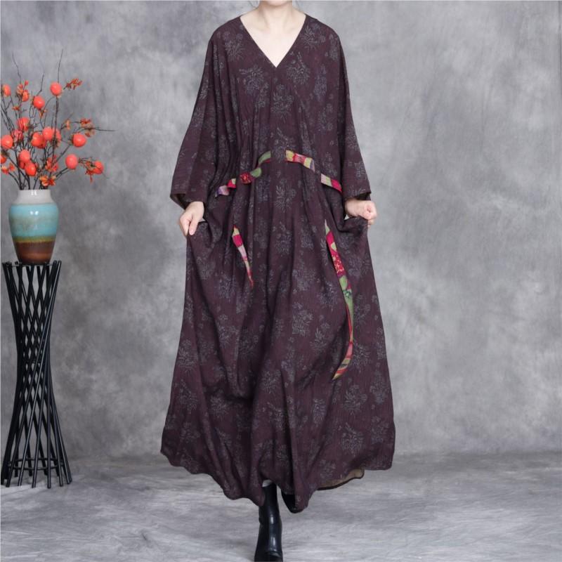 Johnature Women Bat Sleeve Print Floral Dress V-Neck Patchwork Spring Loose Vintage Bandage Dress