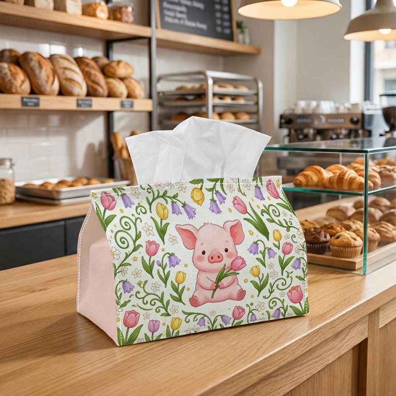 1pc Party Tissue Box, Playful Cartoon Floral, Multifunctional Tissue Holder, Pig Character Tulip Green White, Outdoor Party Supplies, Everyday Desktop