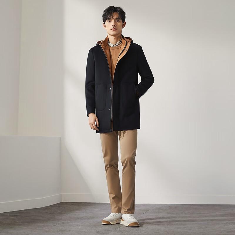 Qipai Men's Herringbone Wool Blend Detachable Hood Coat