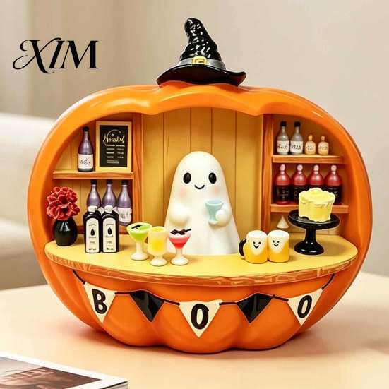 Halloween Theme Room Accents Pumpkin Bar Counter Figurine, Cute Ghost Bartender Mini Holiday Party Atmosphere Props Scene Statue, Desktop Ornament for