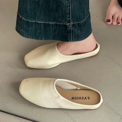 Празднуйте Ретро Квадратный Носок Baotou Полушлепанцы Женские Весна Лето Уличная Обувь Мягкая Кожа Повседневные Однотонные Мюли Слайды на Плоской Подошве
