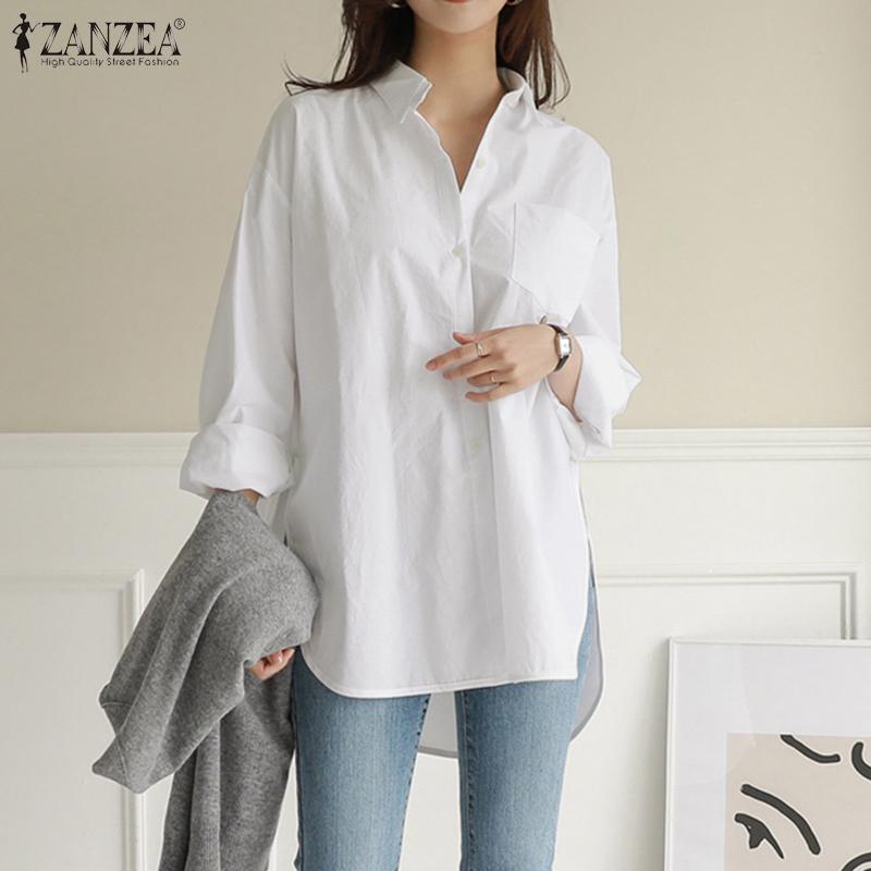 ZANZEA Vintage Women Lapel Neck Button Front Tunic Shirts Loose Casual Long Sleeve Irregular Blouse Tops