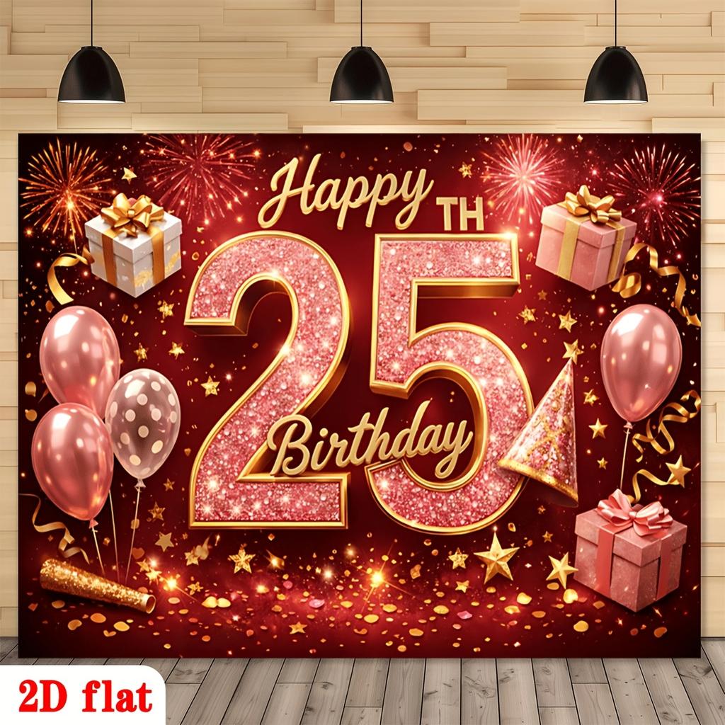 25th Birthday Red Glitter Golden Stars Balloons Gifts Confetti Fireworks Polyester Backdrop, for Party Decor Home, Club, Garden, Farm, Room