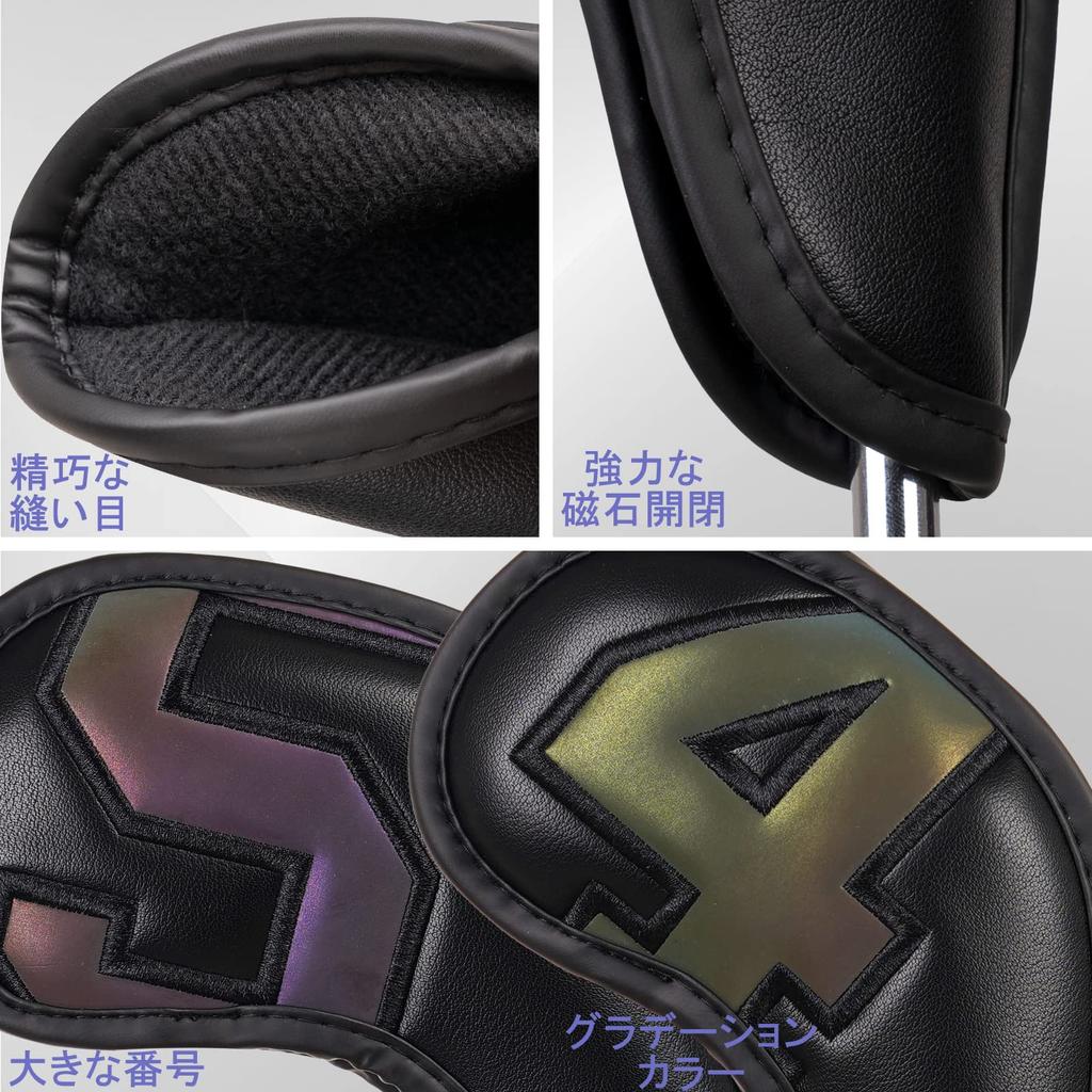 Set of 10 Golf Iron Magnetic Wedge and Club Headcovers with Gradient Numbers and Black Synthetic Leather Covers, Covers, (4-9, P, A, S, X)