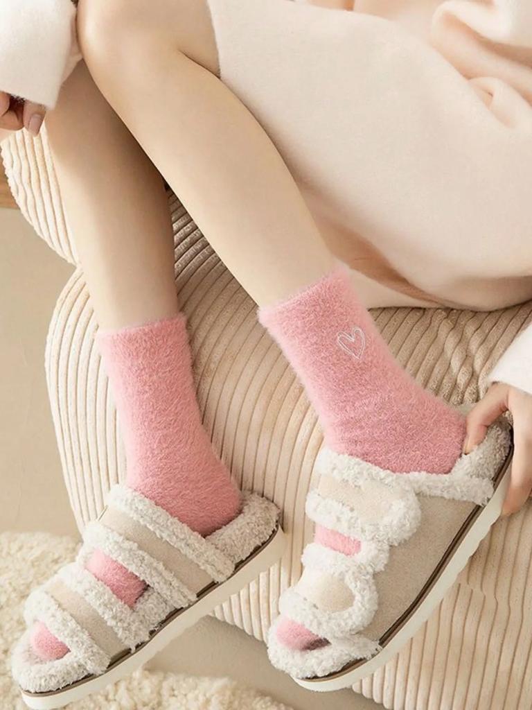 1/5 Women's Thickened Mink Socks Pink Heart Embroidery Plush Sleepwear Solid Color Warm Middle Tube Autumn Winter Home Socks