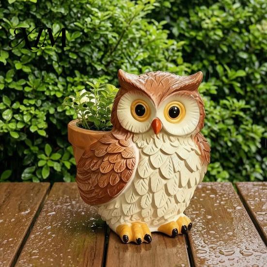 Weatherproof Courtyard Ornament Cute Cartoon Owl Planter, Resin Small Planter Pot, Decorative Creative Gardening Gifts Plant Pot for Succulents,