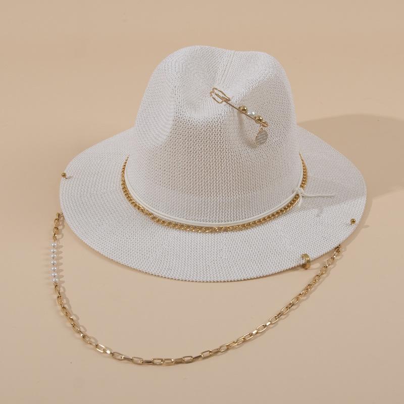 Cross Border Fashion Chain Sun Hat for Women, Panama Straw Hat with Metal Chain, Vacation Beach Sun Cap
