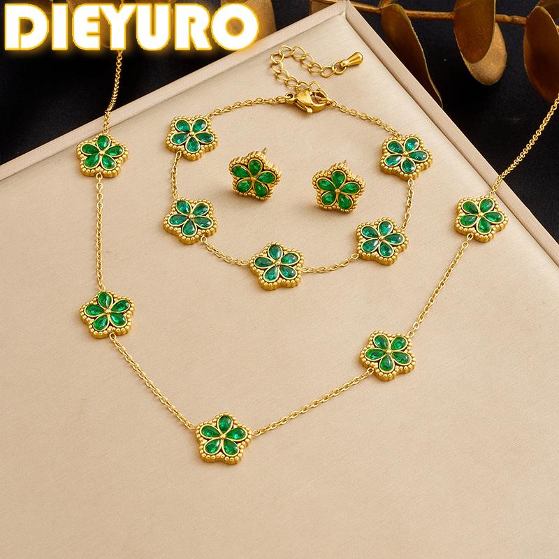DIEYURO 316L Stainless Green WaterDrop Crystal Inlay Flowers Necklace Bracelet Earrings Set Lady Classic Elegant Jewelry Sets