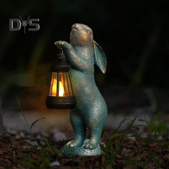 Садовая фигурка кролика с солнечным фонарем, комнатная и уличная статуэтка кролика из смолы, скульптура для патио, двора, лужайки, животного, пасхальное украшение, орнамент