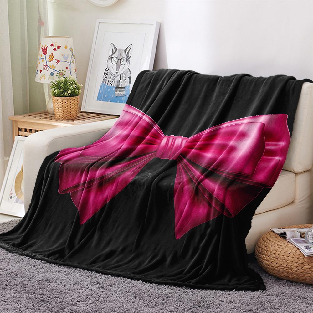 1Pc Pink Bow Print Flannel Blanket, High quality Comfortable for All Seasons, Home Decor, Warmth and Comfort, Perfect for Christmas Gifts W29