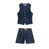 Round Neck Sleeveless Gold Button Decoration Denim Vest 6164109 Denim Pleated Belt Shorts 6164112