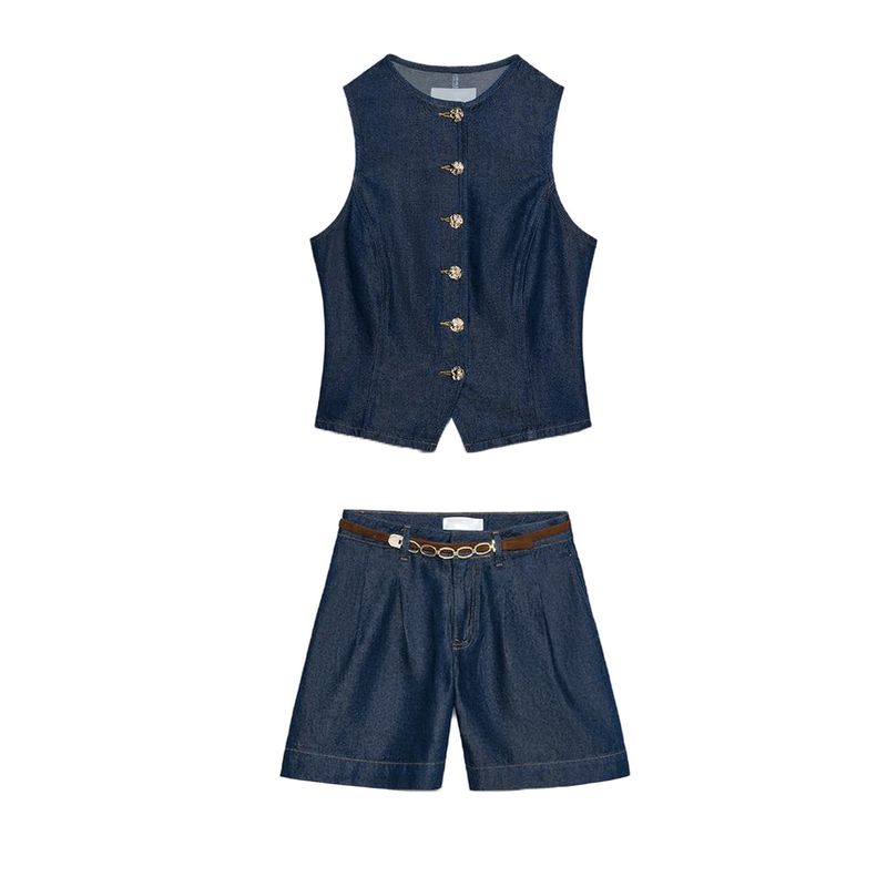 Round Neck Sleeveless Gold Button Decoration Denim Vest 6164109 Denim Pleated Belt Shorts 6164112