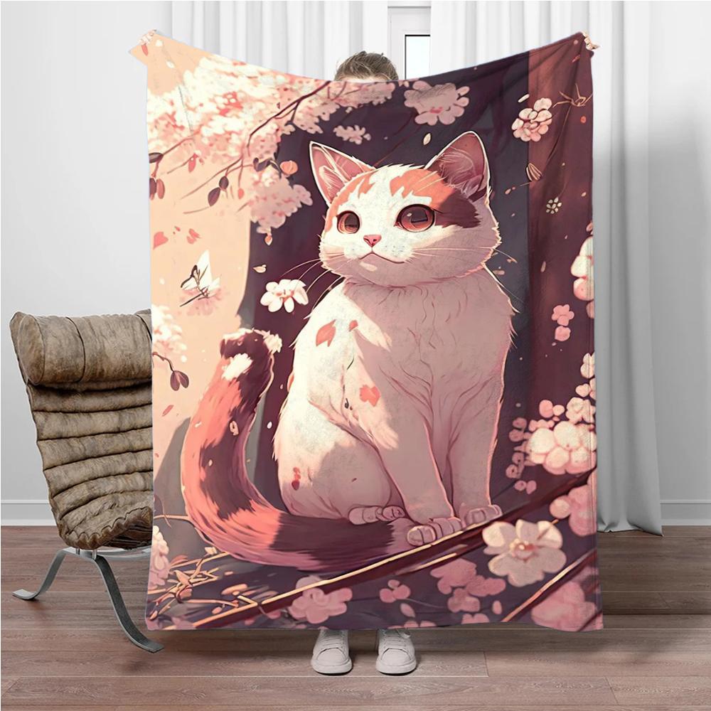 Cats Cherry Blossom Flannel Blanket Children Warm Soft Blanket for Sofa Bed Cover Blanket Suitable for Birthday Souvenir Gifts
