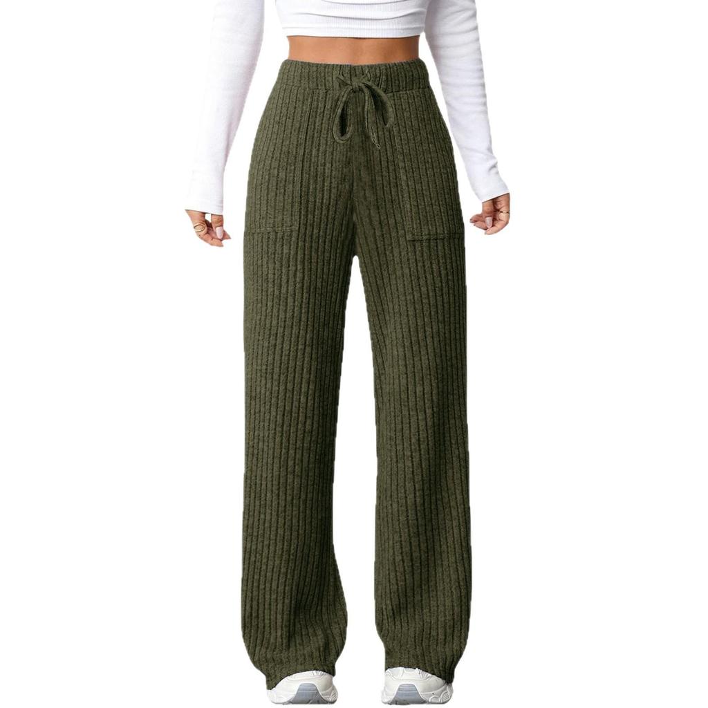 2025 Autumn/Winter Women's Casual Ribbed Pocket Long Pants – European & American Style