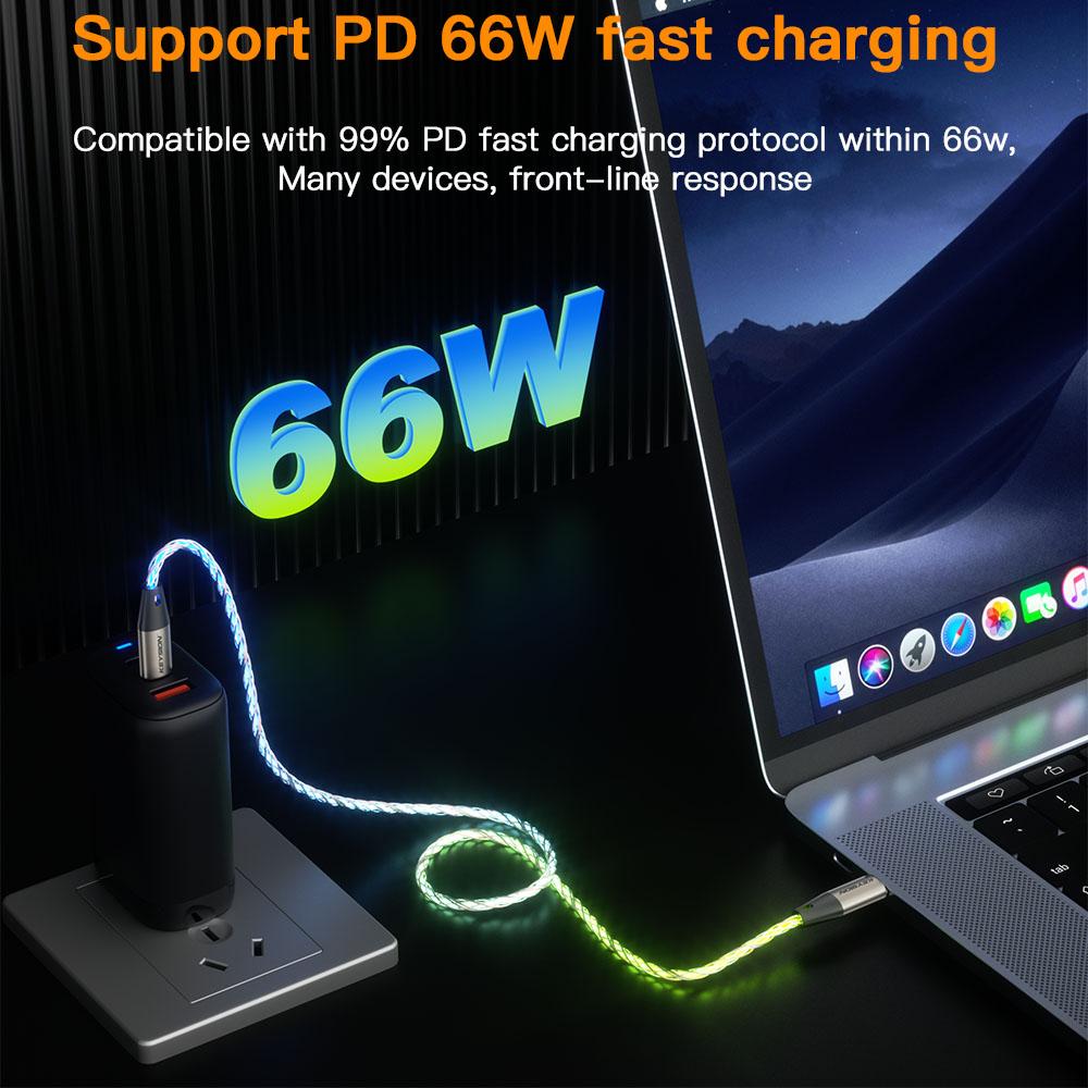 KEYSION PD 66W USB CC кабель для передачи данных цветной светодиодный RGB свет градиент Type-C провод для быстрой зарядки для iPhone 16 Samsung Huawei Xiaomi