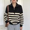 Fashion Lazy Han Fu Antique Version Turtleneck Contrasting Stripes Half Zipper Pullover Sweater Women's Autumn and Winter Wear Versatile Models