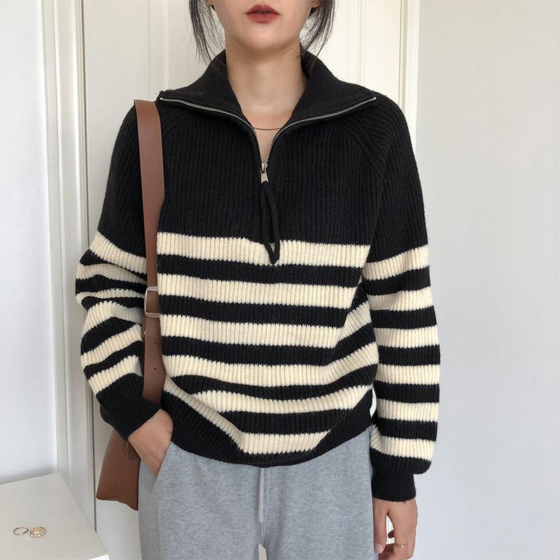 Fashion Lazy Han Fu Antique Version Turtleneck Contrasting Stripes Half Zipper Pullover Sweater Women's Autumn and Winter Wear Versatile Models