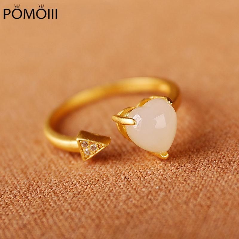 New Silver Inlaid Natural Hotan White Jade Arrow Heart Shaped Diamond Fresh Romantic Lovely Women Opening Adjustable Ring