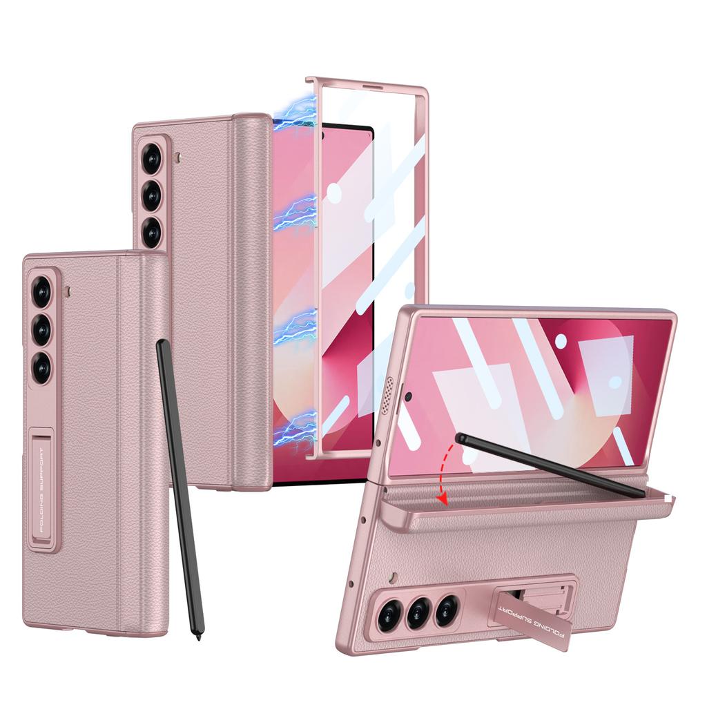Чехол для мобильного телефона Samsung Fold6 Полностью закрывающий Противоударный Магнитная адсорбция Шарнир Складной Вращающийся вал Однотонный Кожаный Чехол-книжка с держателем для ручки Пленка-накладка