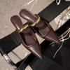 Fashion 2024 Women's New Pointed Toe Thick Heel Leather Slippers Metal Toe Sandals Banquet Slippers