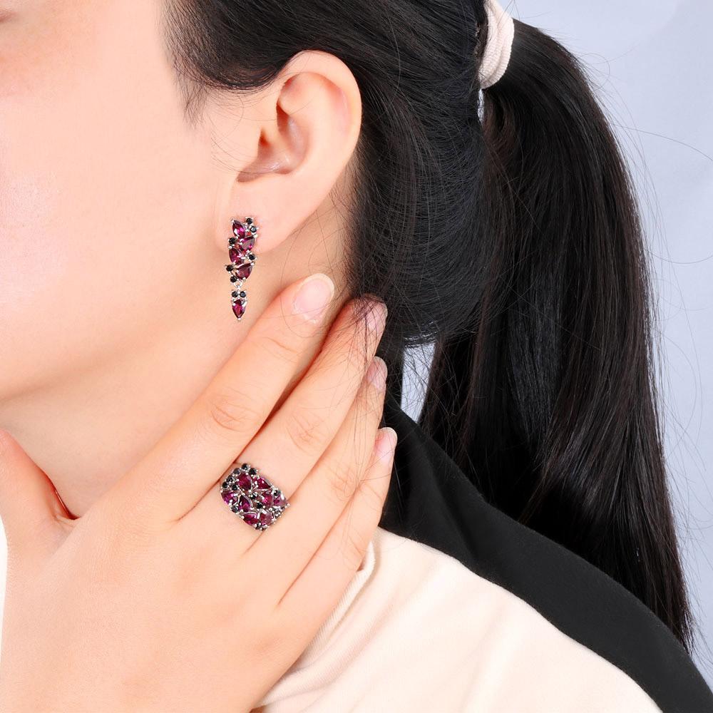 Bolaijewelry Кольца с натуральным родолитом, серьги из стерлингового серебра 925 пробы, изысканные украшения для женщин, жены, роскошный дизайн, подарок на годовщину