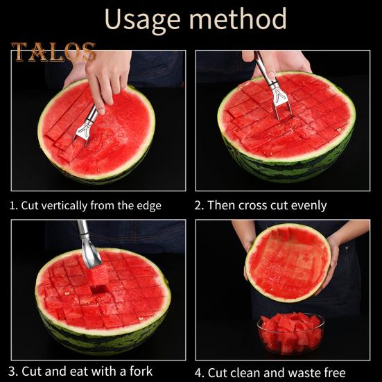 1/2Pcs Watermelon Fork Slicer Stainless Steel 2 In 1 Cutter Round Fork Head Portable Kitchen Fruit Cutting Fork for Watermelon Chunks Cake Bread