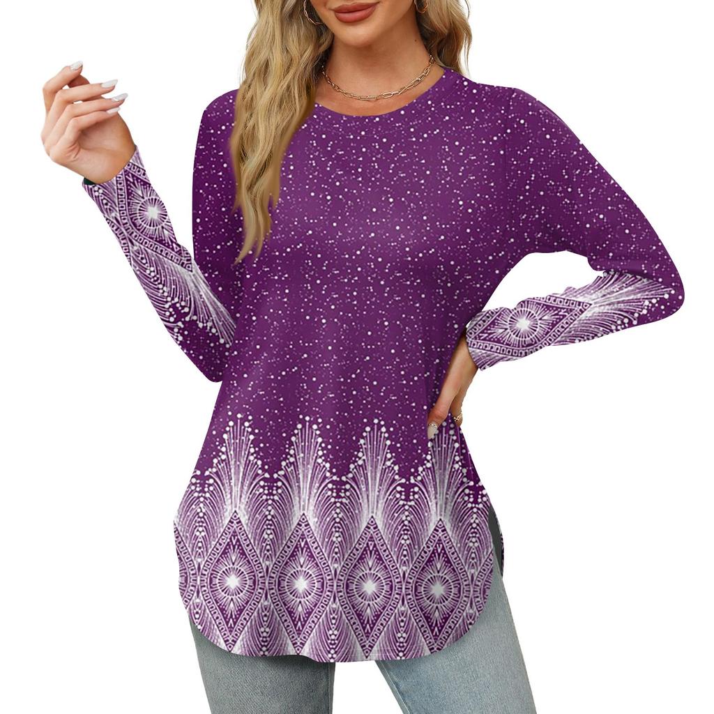Женская рубашка с длинными рукавами, круглым вырезом и боковым разрезом, винтажный повседневный топ с цветочным принтом и листьями