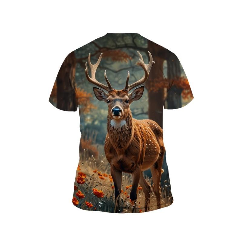 Men's Plus-Size Deer Print T-Shirt - 3D Deer Short Sleeve Round Neck Casual Streetwear Top
