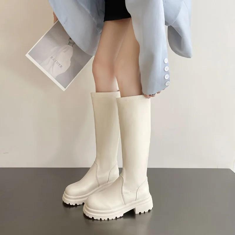 2024 New Women's Shoes Zipper Women's Boots Spring Autumn Round Toe Solid High Tube Chunky Heels Knight Boots Zapatos De Mujer