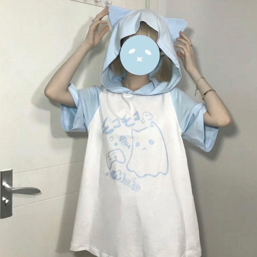 Kawaii T-Shirts Y2K Cute Cat Ear Cartoon Print Hooded Tees Women's Short Sleeve Shirt Summer Tops Women Girl Clothing