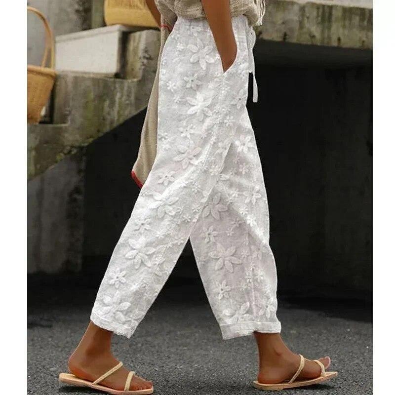 Элегантные свободные белые прямые брюки на шнурке, повседневные женские брюки из хлопка и льна с вышивкой до щиколотки, брюки с эластичной резинкой на талии 26162