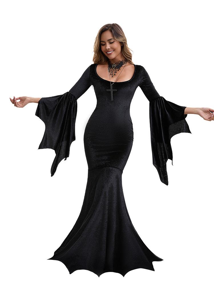 Halloween Bat Witch Gothic Vampire Ghost Bride Long Dress Costume, Dark Sorceress Gown