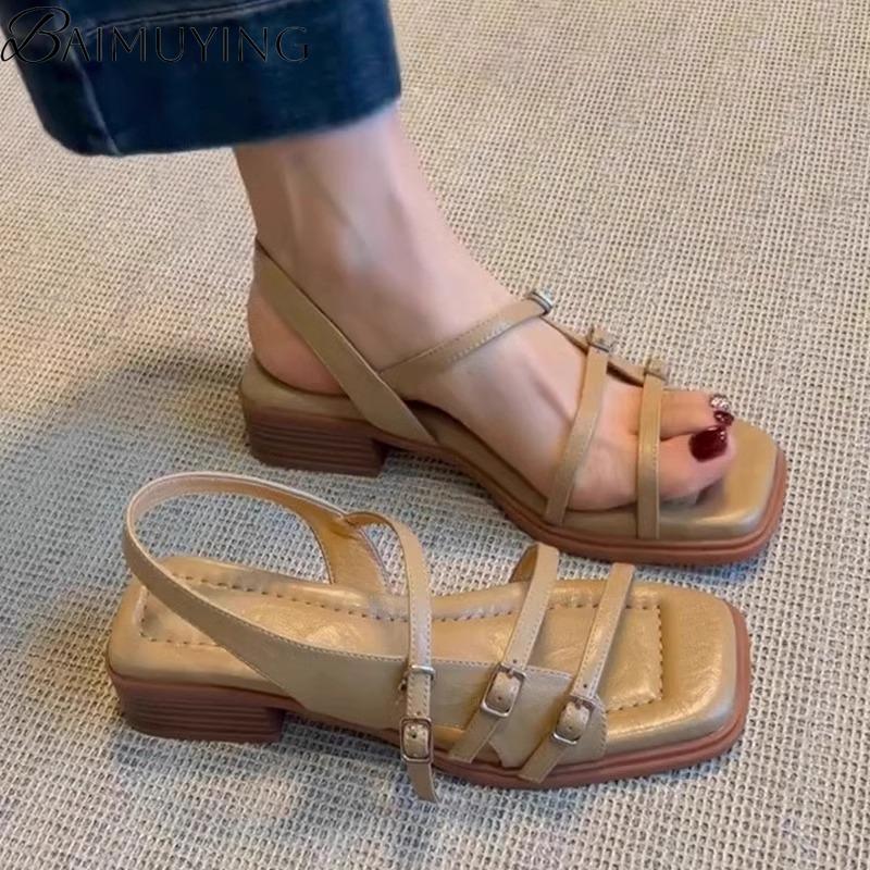 Женские туфли на высоком каблуке с квадратным носком и пряжкой, женские босоножки на каблуке, тренд 2025, летние туфли-лодочки с открытой пяткой, мягкая подошва, zapatos