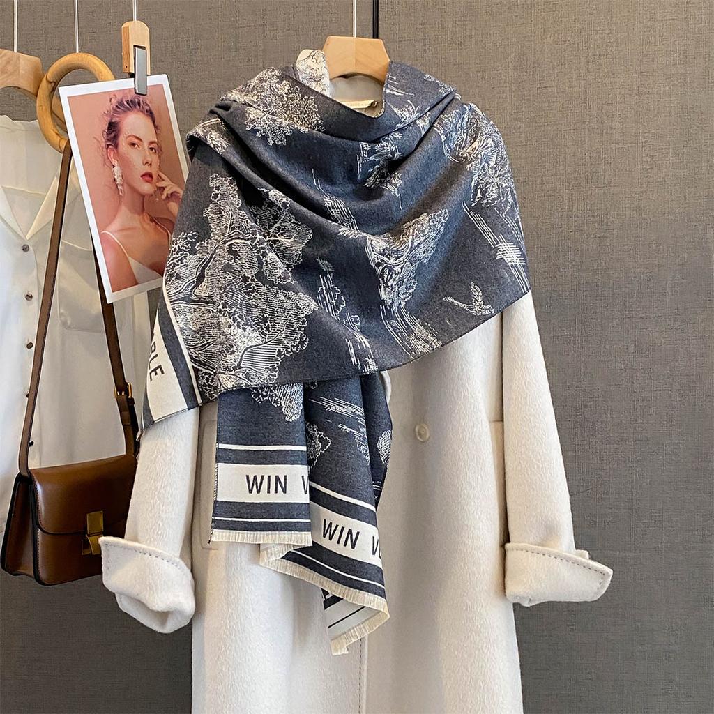 Thick Winter Poncho Women Scarf Luxury Floral Warm Shawl and Wrap Imitation Cashmere Pashmina Blacnket Design Bufanda Echarpe