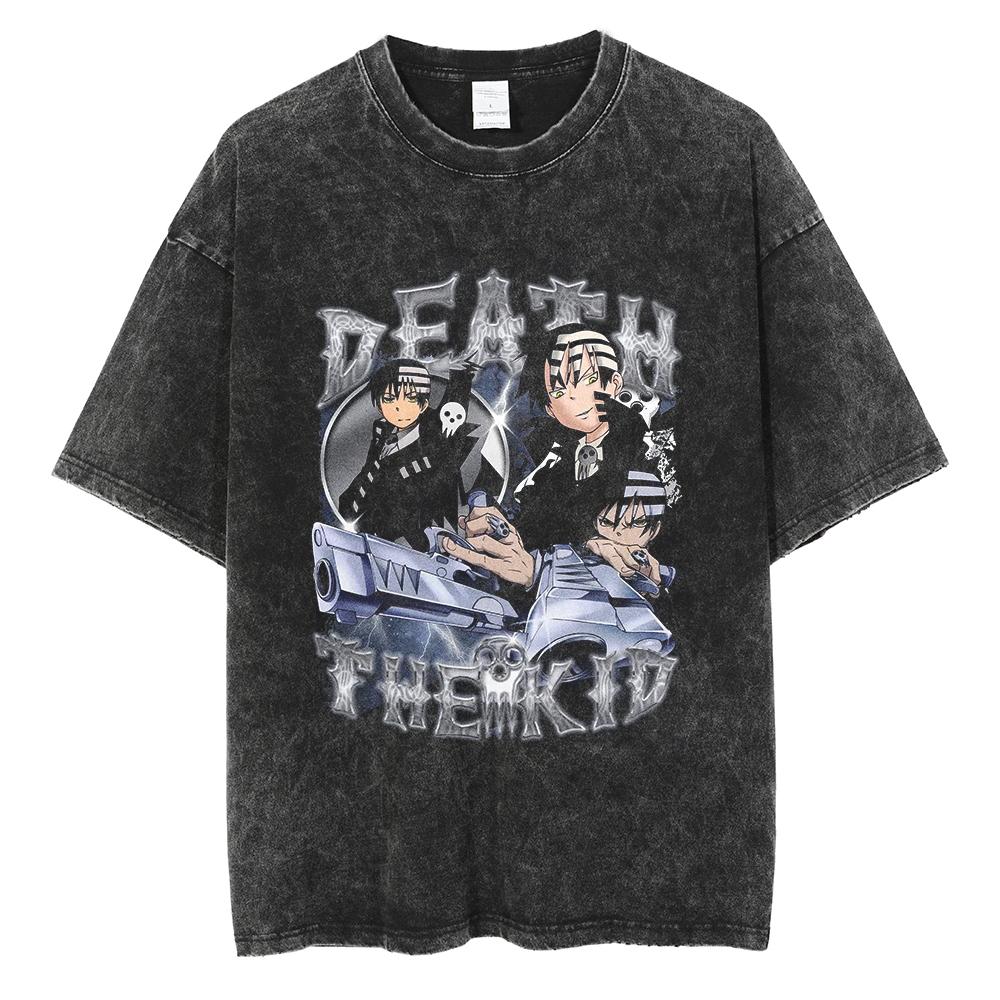 Soul Eater Manga Death The Kid Print Tshirt Vintage Washed Streetwear Men Women Casual Oversized Summer Cotton Graphic Tee