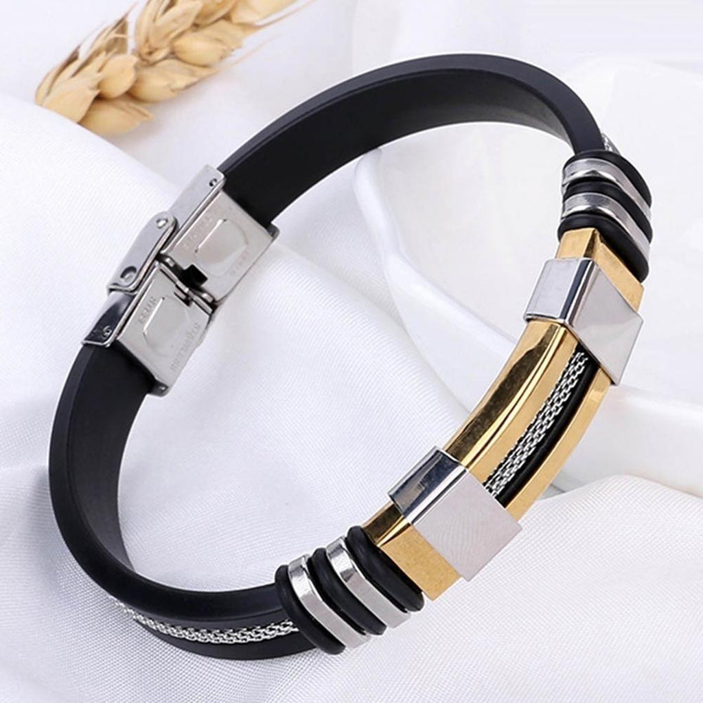 Мужской черный панк-резиновый браслет из нержавеющей стали с застежкой-манжетой, браслет