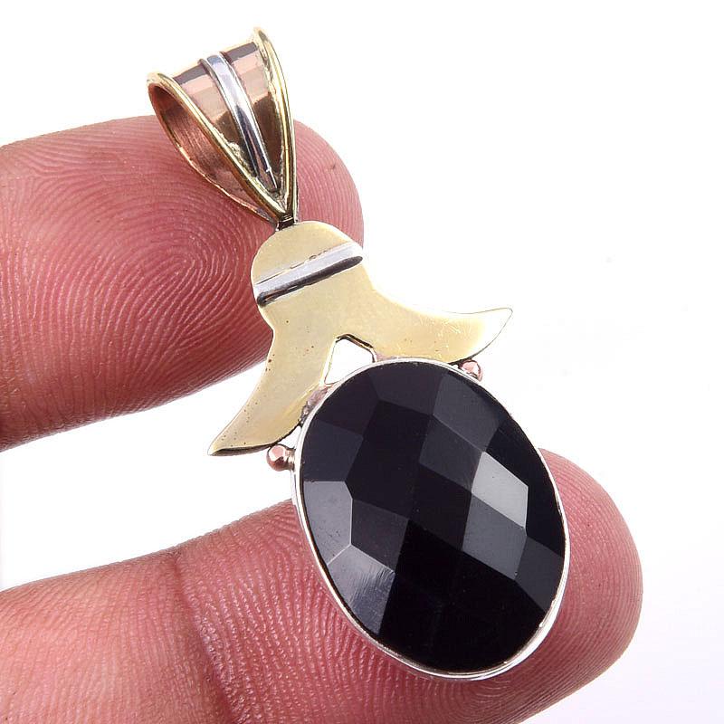 Natural Black Onyx Gemstone 925 Solid Sterling Silver TwoTone Pendant 1.50" l2E29