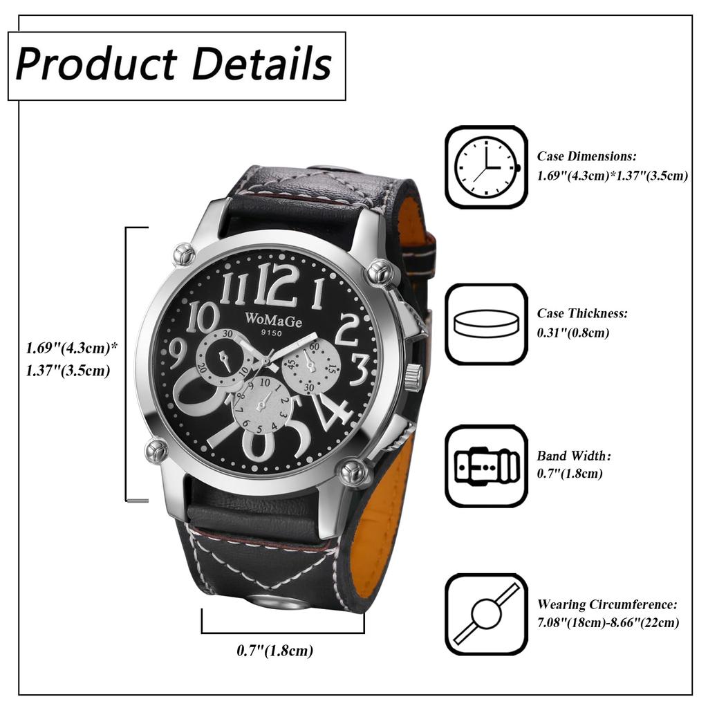 Leather Rock Punk Stylish Analog Quartz Leather Strap Small Second Decoration Waterproof Accessories Birthday Christmas Day Present Men's Watch Men's