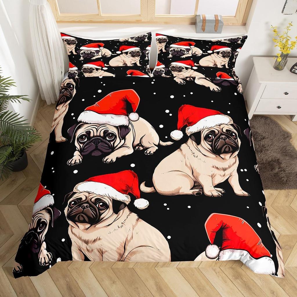 Puppy Dog Duvet Cover Full Queen Size Kawaii Pug Comforter Cover Love Heart Print Bedspread Cover Cute Pet Black Bedding Set