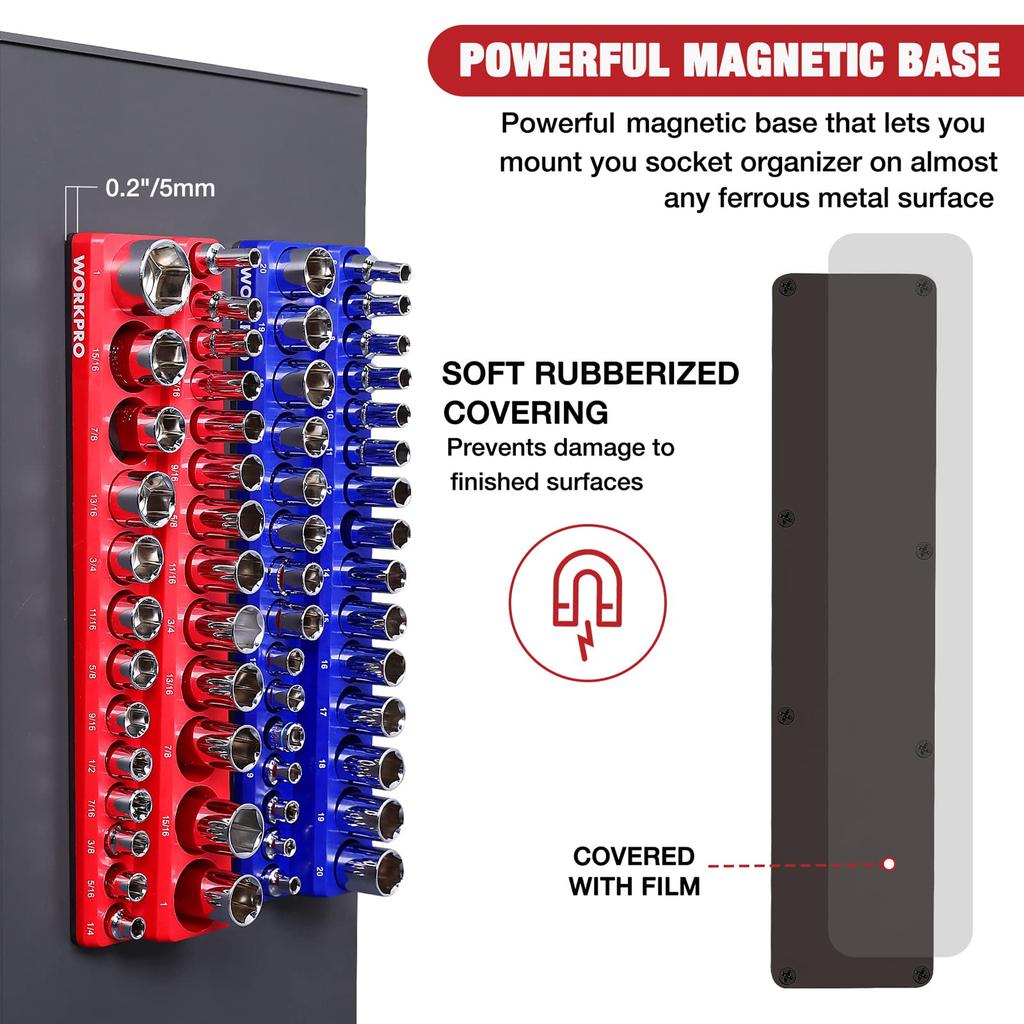WORKPRO Магнитный органайзер для торцевых головок SAE Метрический держатель для торцевых головок Вмещает 52 стандартные и глубокие торцевые головки для тележек Не набор 3/8 дюйма, & (Набор из 2 предметов),