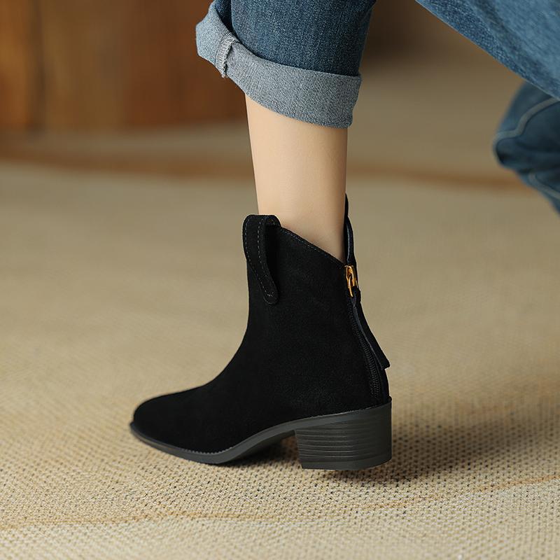 Новые женские ботильоны из коровьей замши на толстом каблуке с острым носком в стиле ретро, повседневная женская обувь для отдыха на природе, осень-зима 2024 г., женская обувь