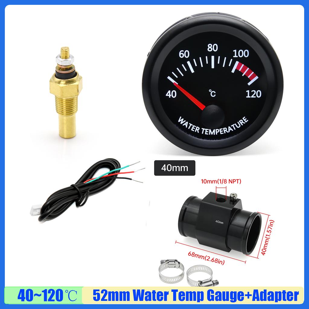 2''52mm Car Water Temperature Gauge 40~120 ℃ With Water Temp Sensor Water Temp Joint Pipe 1/8NPT Sensor Adapter Car Gauge 12V