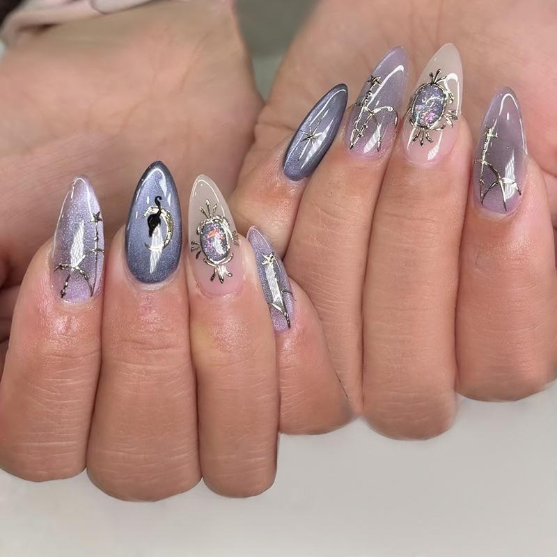 24PCS Simple Green Cat Eye French Press on False Nails with Golden Star Patterns Almond Fake Nails for Women High-quality Nails