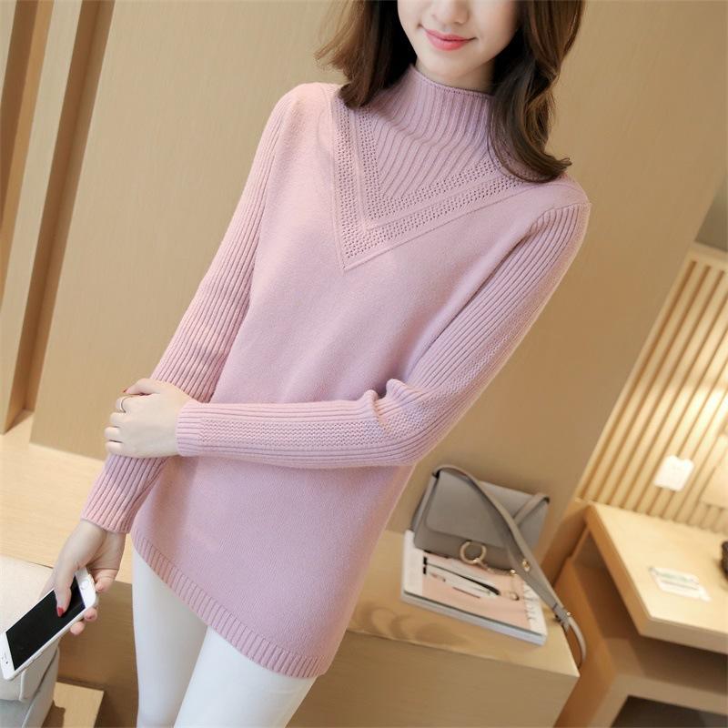 Korean Sweater Women Half Turtleneck Pullover Mid-length Knitted Sweater Women's Knitwear Solid Color Thick Jumper Sweater Autumn and Winter