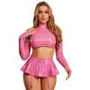 Women Glossy Faux Leather Clubwear Cold Shoulder Long Sleeve Backless Crop Top with Ruffled Skirt Built-in Thongs Garter for Party